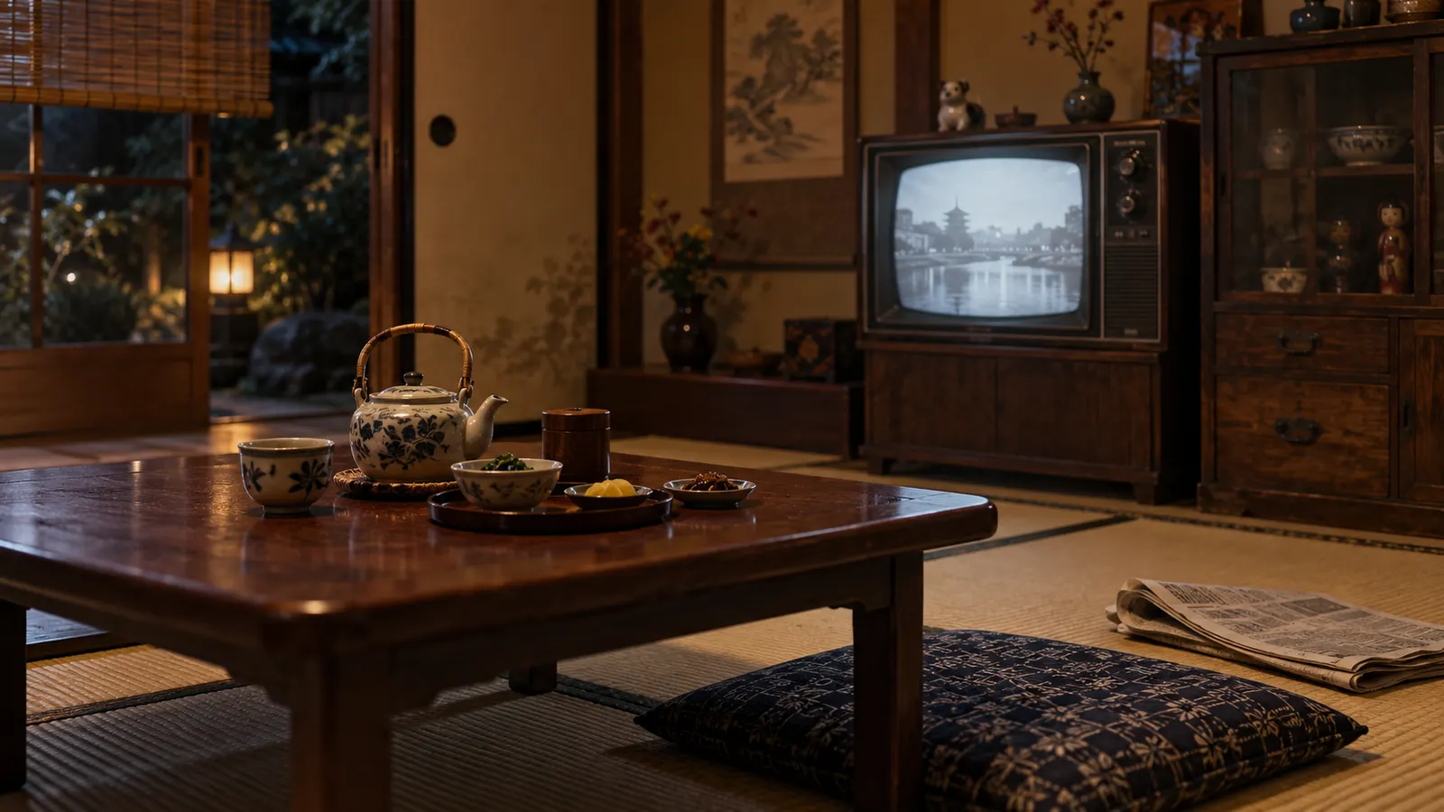 昭和40年代〜50年代（1966〜1980年ごろ）の日曜夜の時代劇を思わせる横長の記憶風景