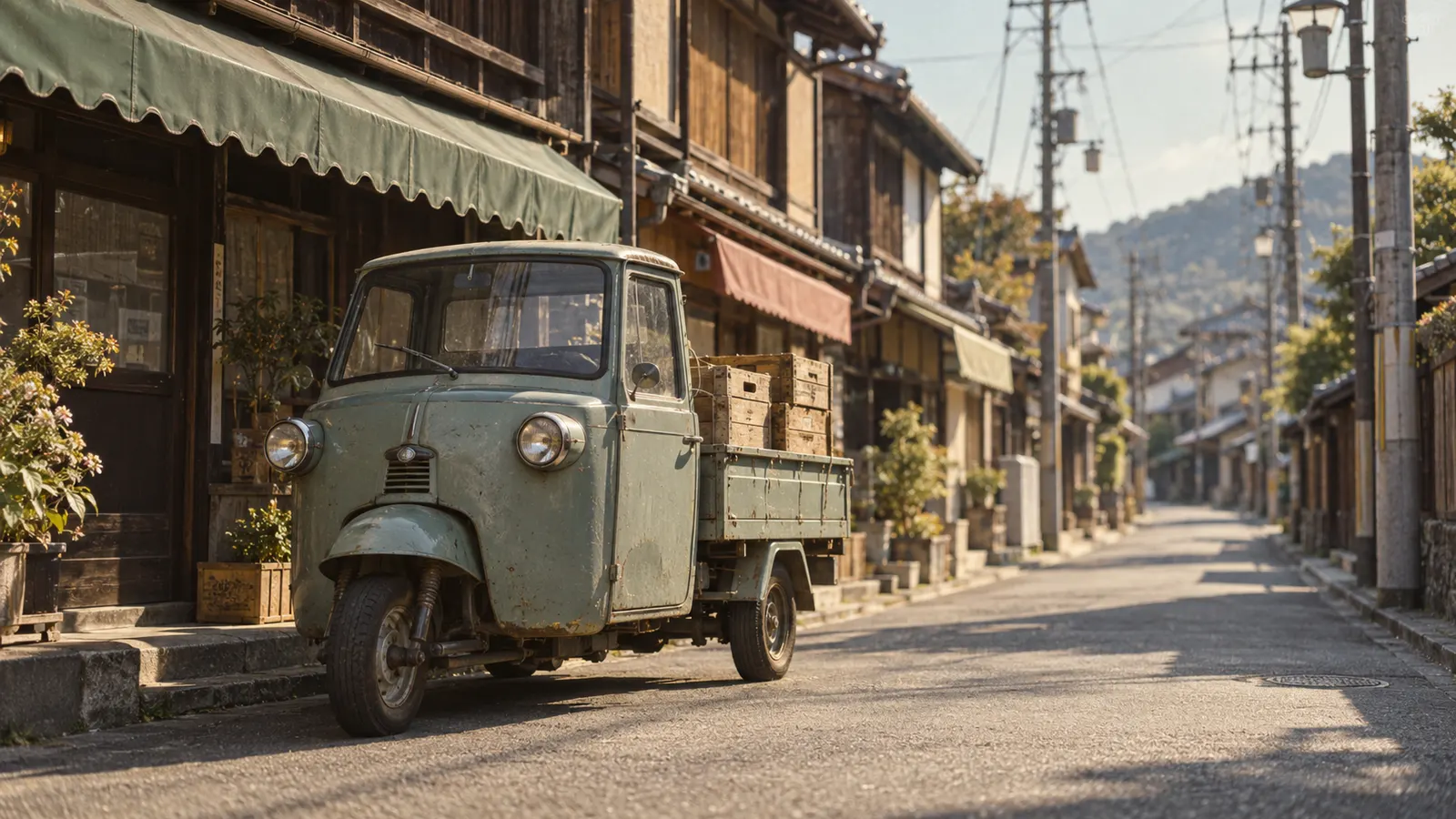 昭和30年代〜40年代（1958〜1970年ごろ）の街を走るオート三輪を思わせる横長の記憶風景