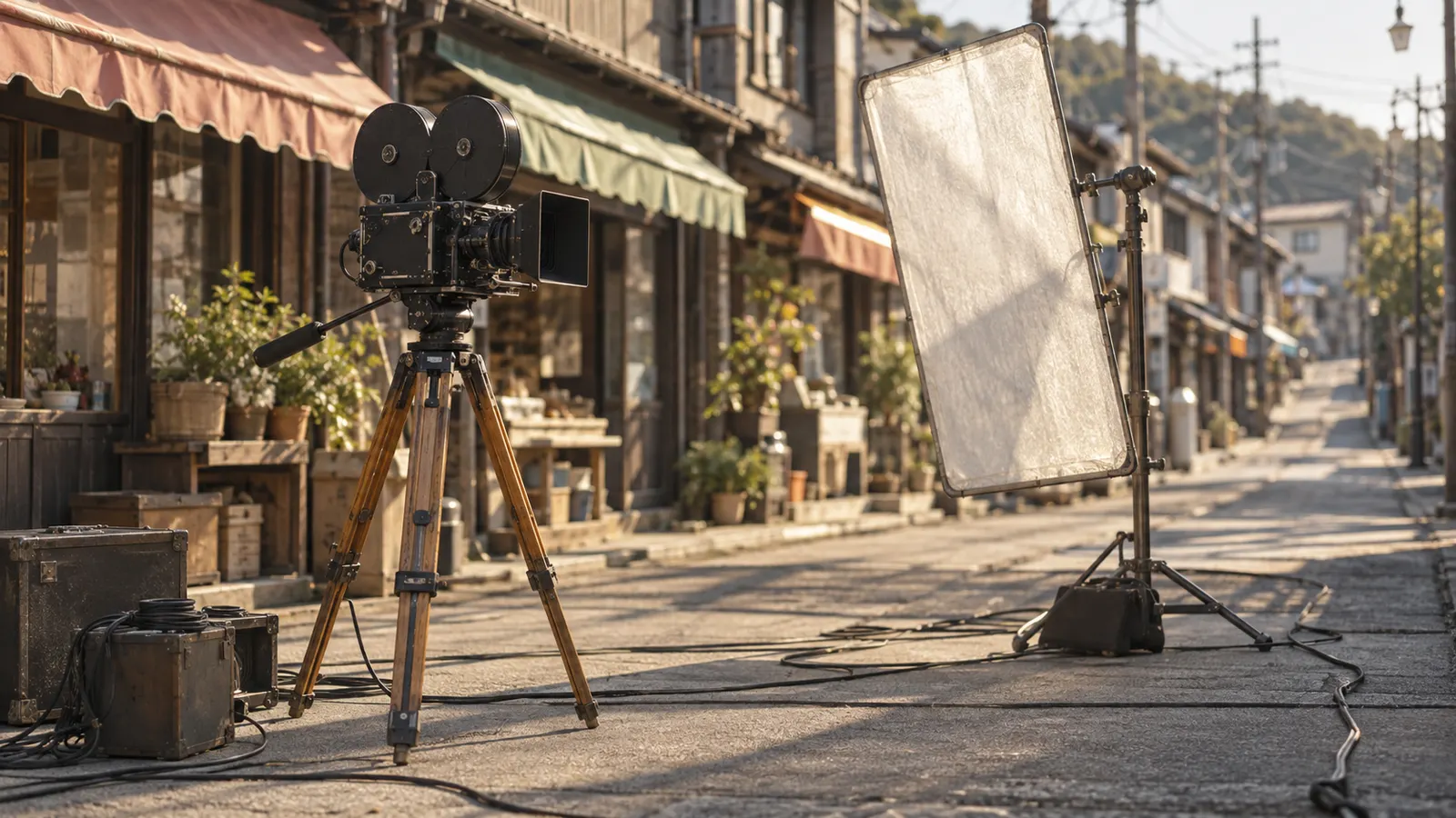 昭和30年代（1955〜1965年ごろ）の町に来た映画のロケ撮影を思わせる横長の記憶風景