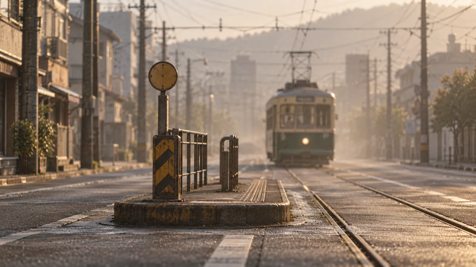 昭和20年代〜30年代(1950〜1965年ごろ)の路面電車の停留所を思わせる横長の記憶風景