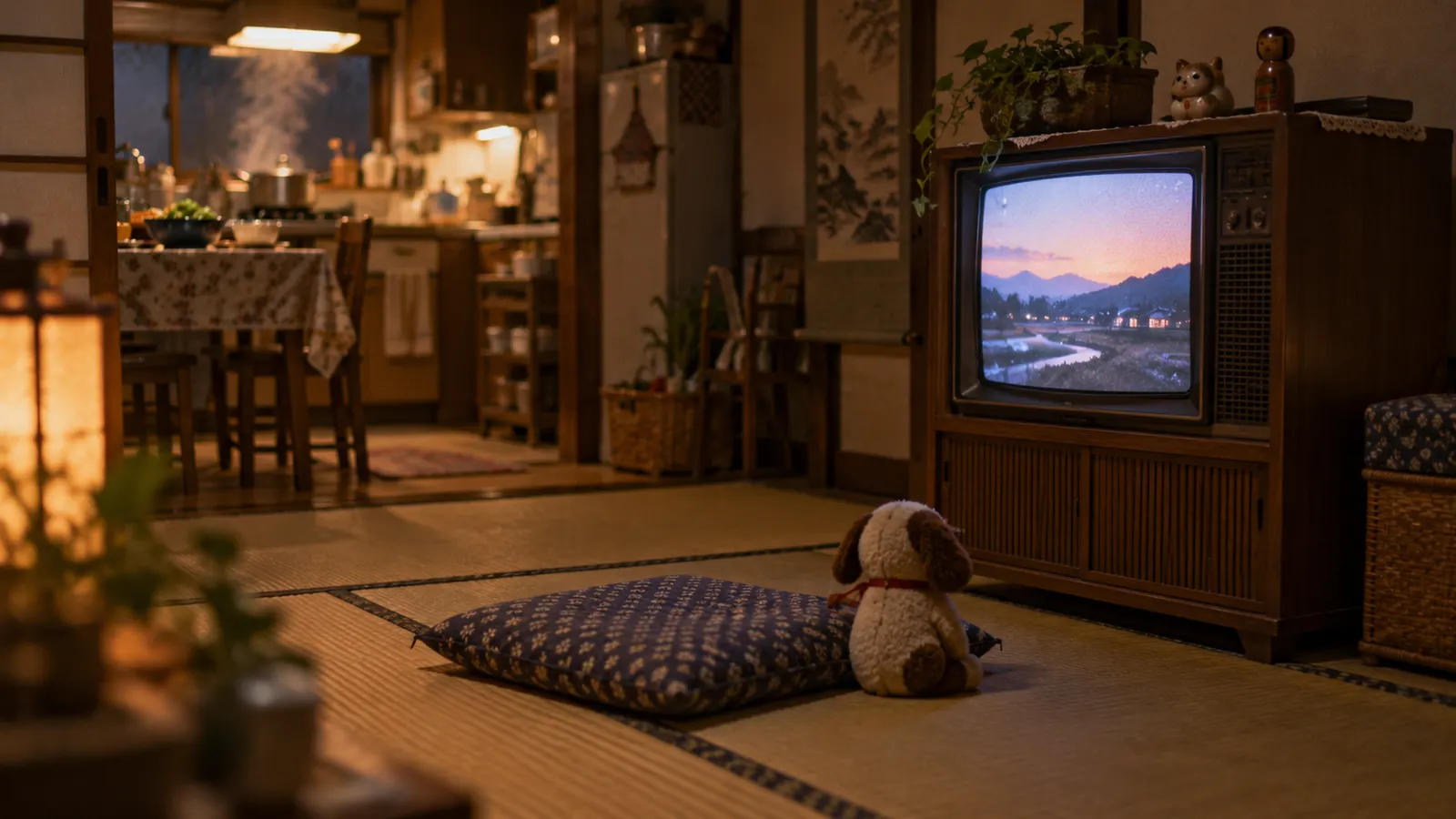 昭和40年代（1965〜1978年ごろ）の夕方の人形劇を思わせる横長の記憶風景