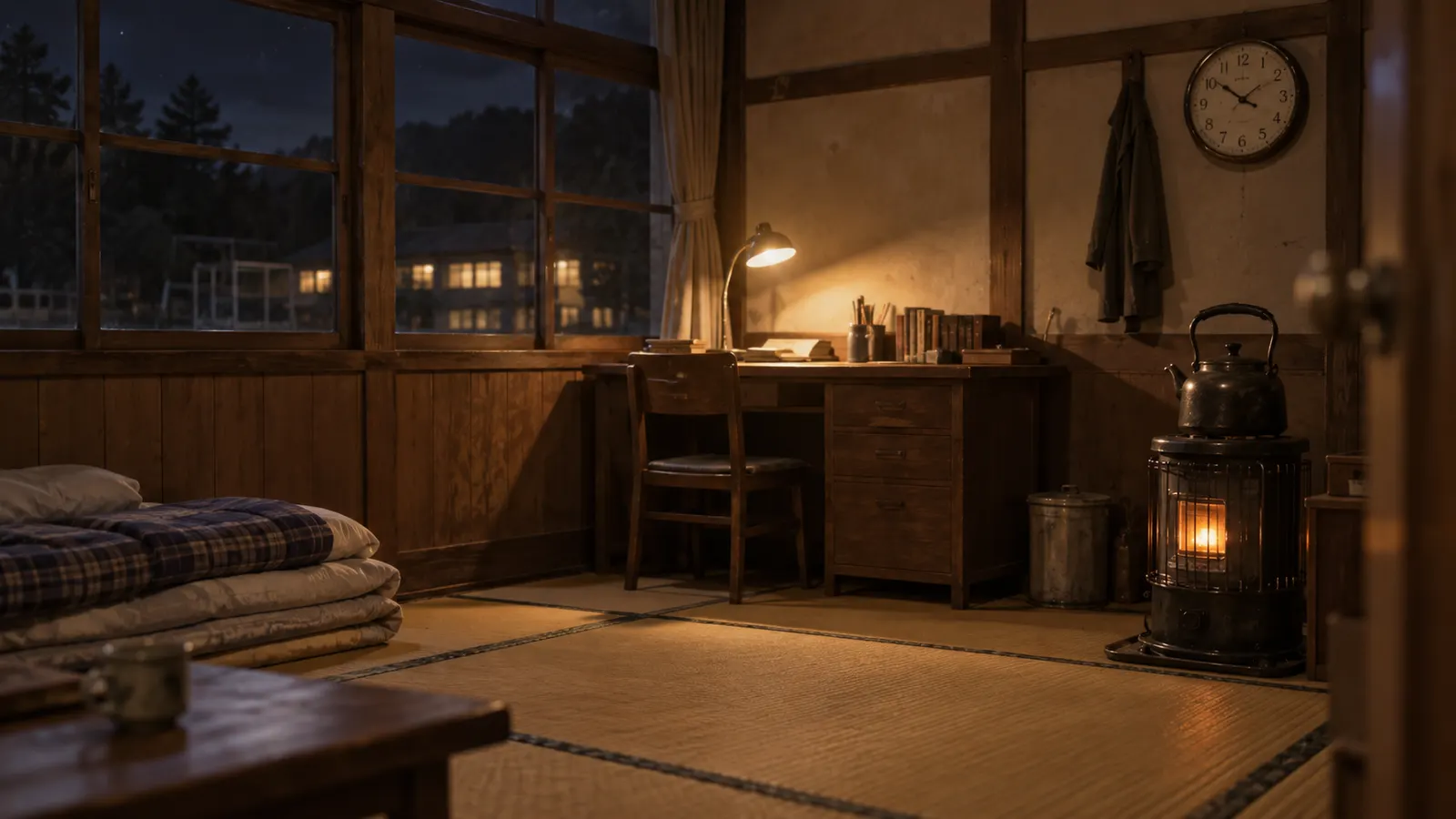 昭和20年代〜30年代（1948〜1963年ごろ）の学校の宿直を思わせる横長の記憶風景