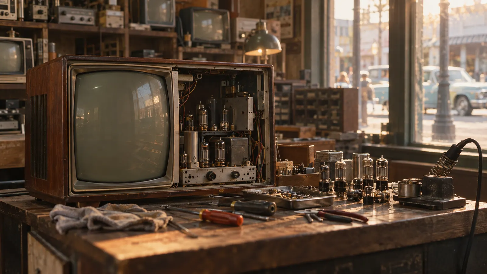 昭和30年代〜40年代（1958〜1972年ごろ）のテレビの修理屋さんを思わせる横長の記憶風景