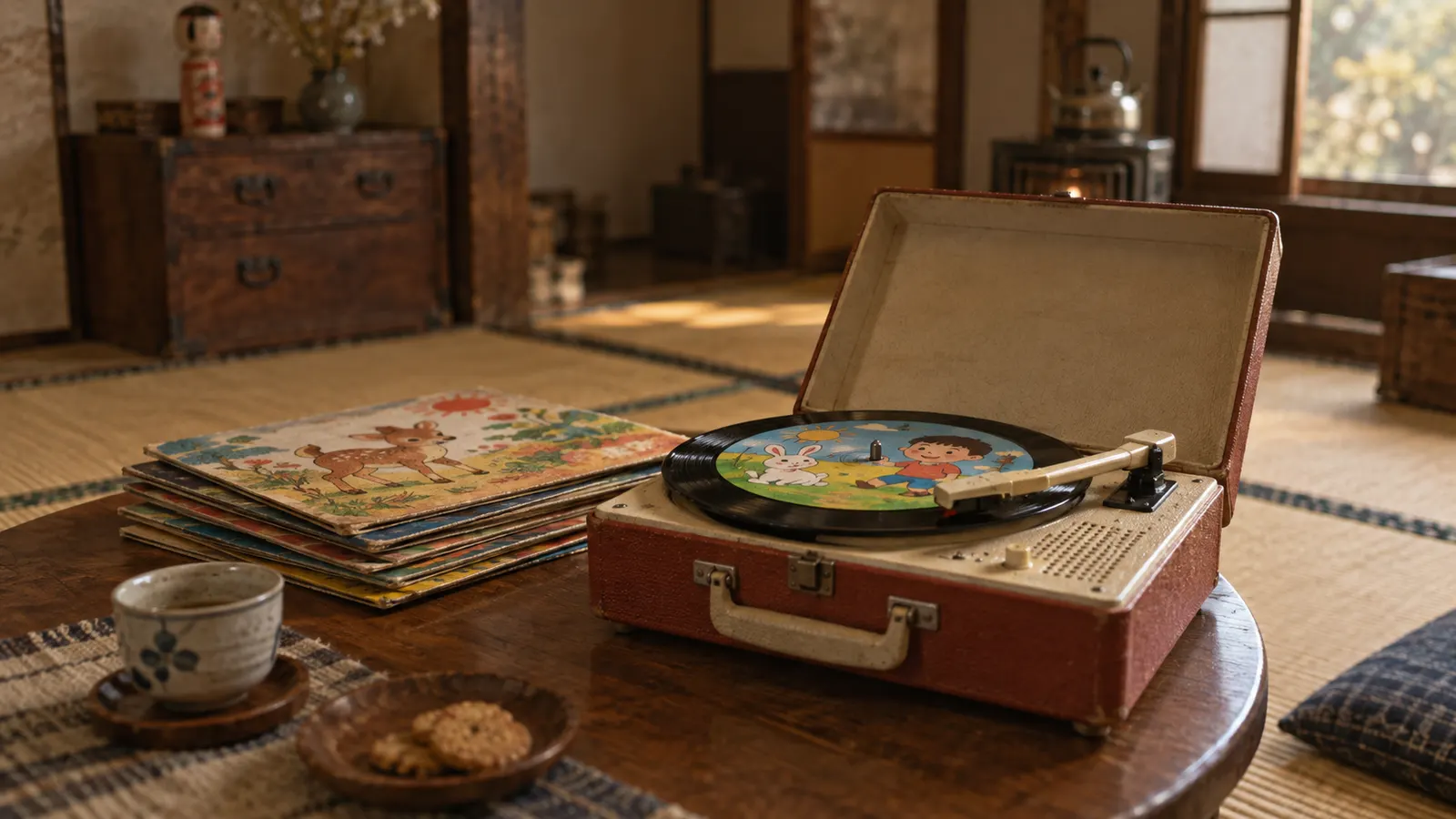 昭和20年代〜30年代（1948〜1963年ごろ）の童謡のレコードを思わせる横長の記憶風景