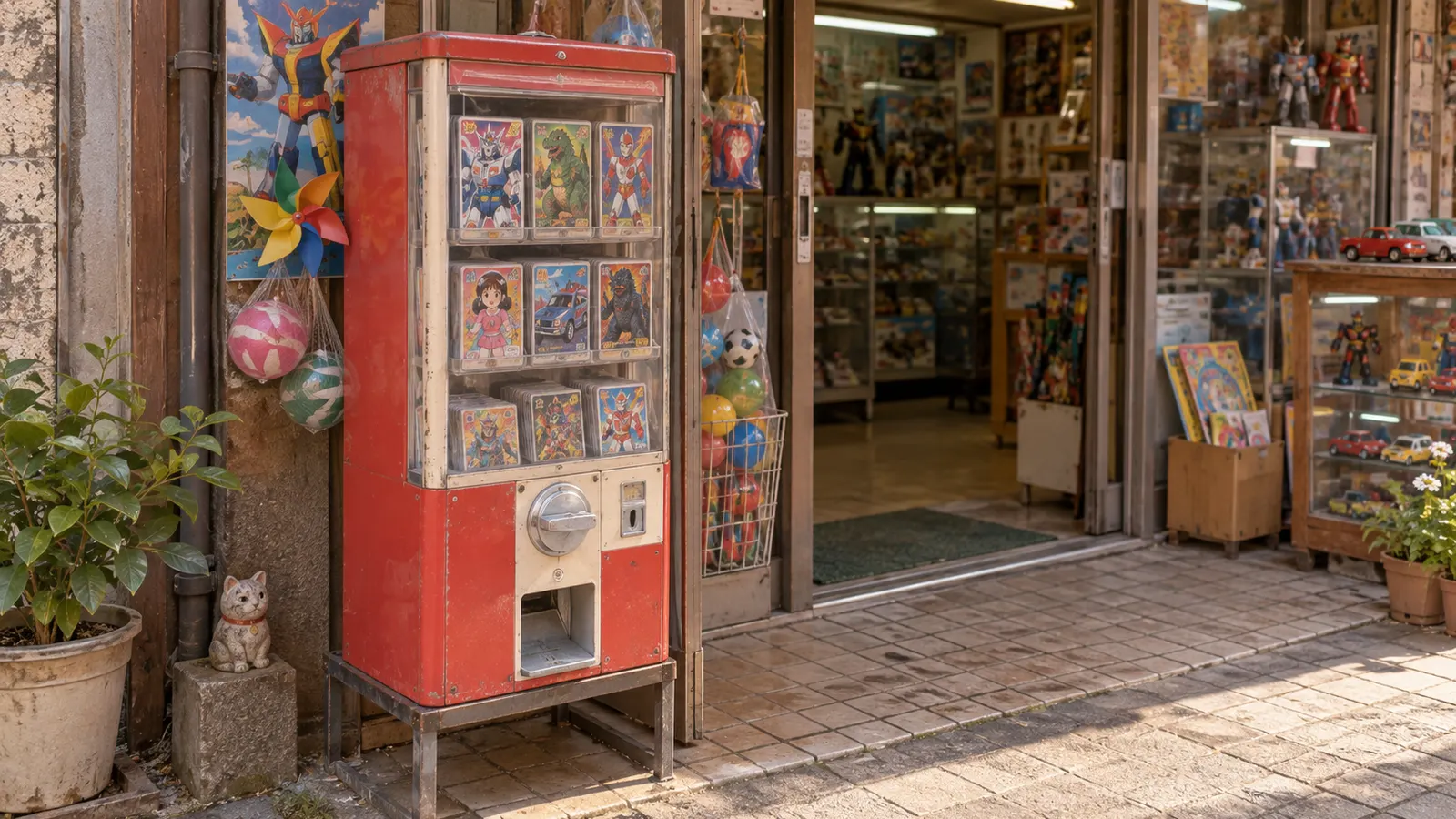 昭和末期〜平成初期（1988〜1998年ごろ）のカードダス自販機を思わせる横長の記憶風景