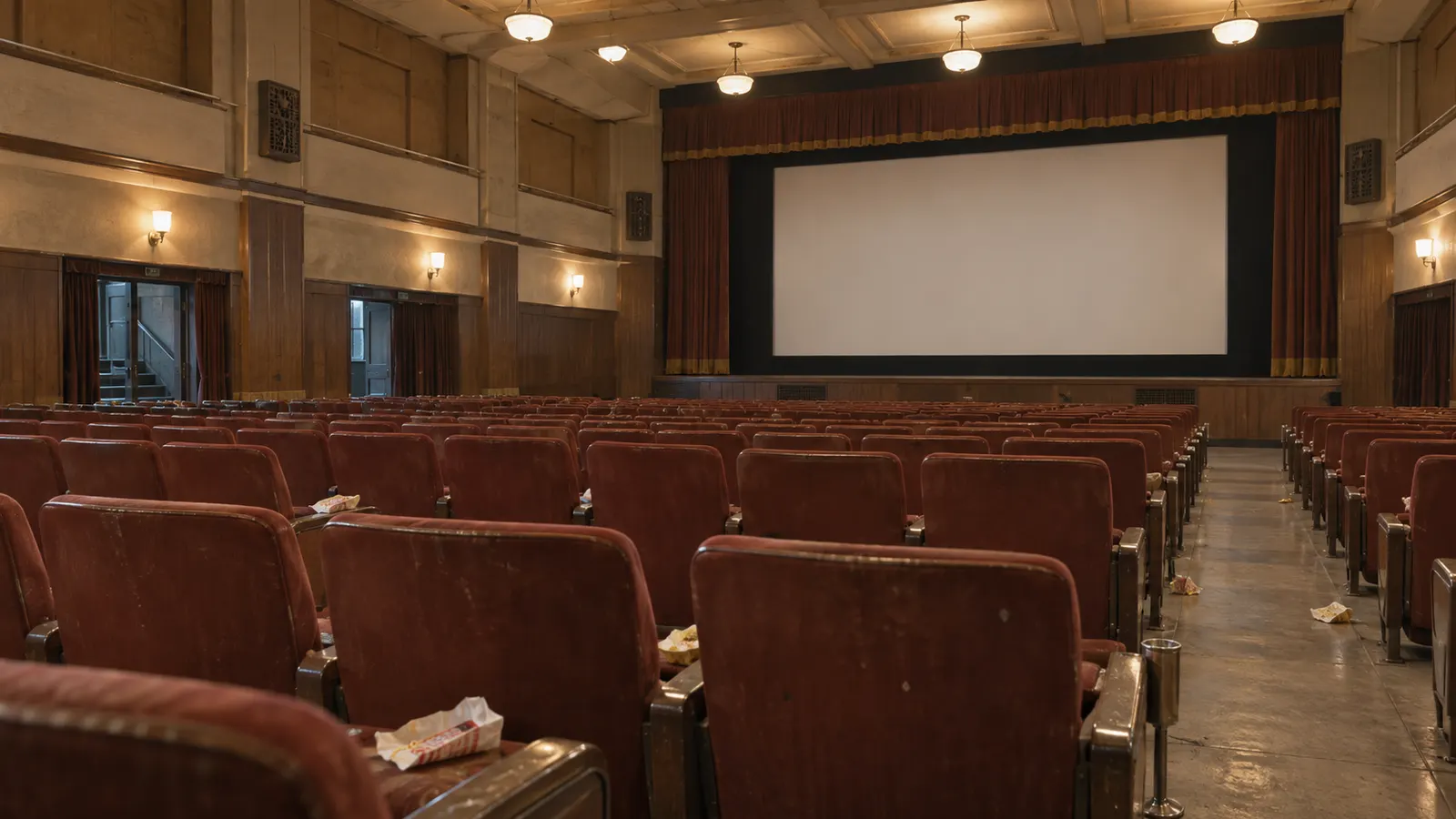 昭和20年代後半〜40年代（1952〜1970年ごろ）の映画館の休憩時間を思わせる横長の記憶風景