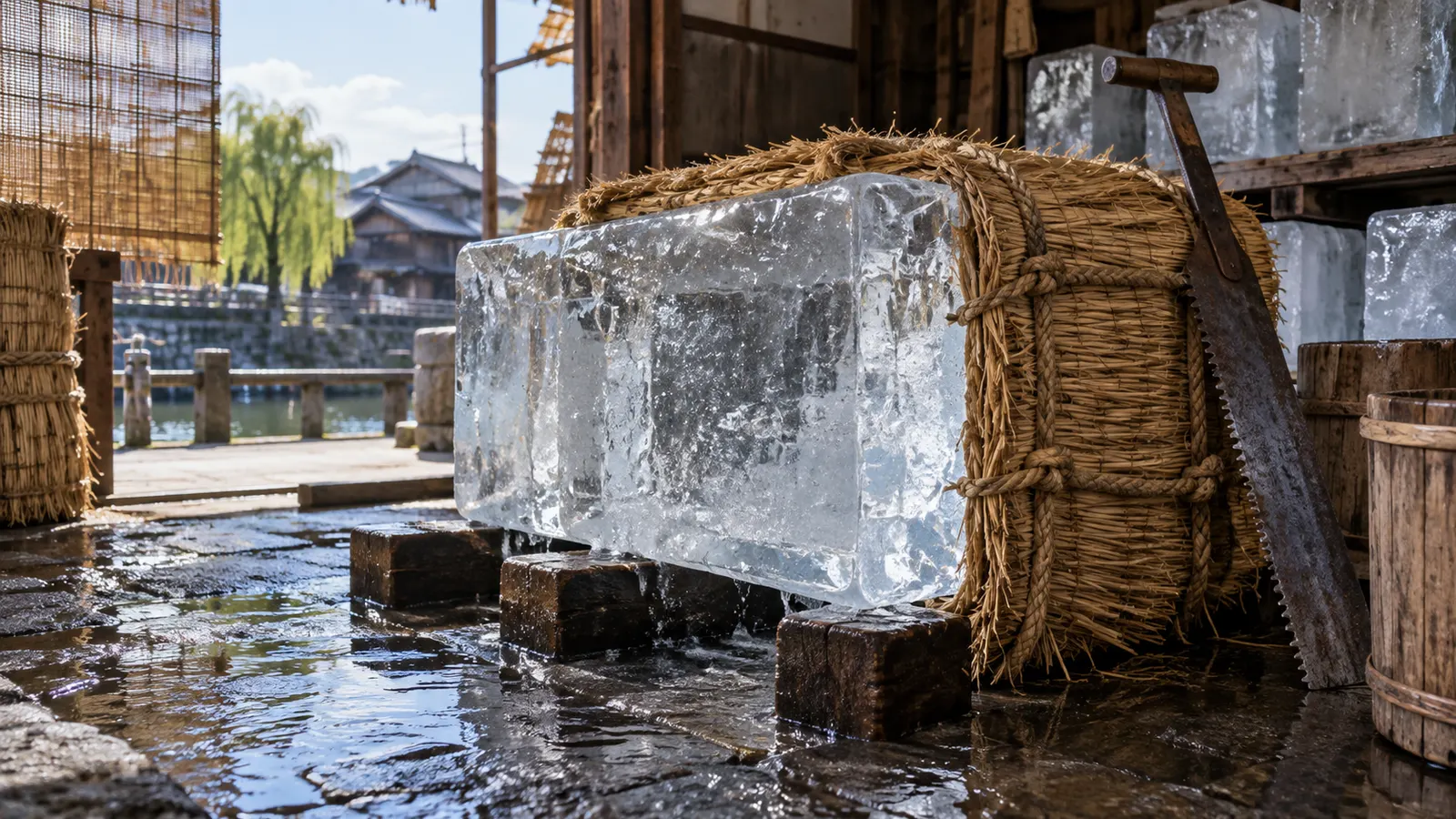 昭和20年代後半〜30年代（1950〜1965年ごろ）の氷屋の大きな氷を思わせる横長の記憶風景