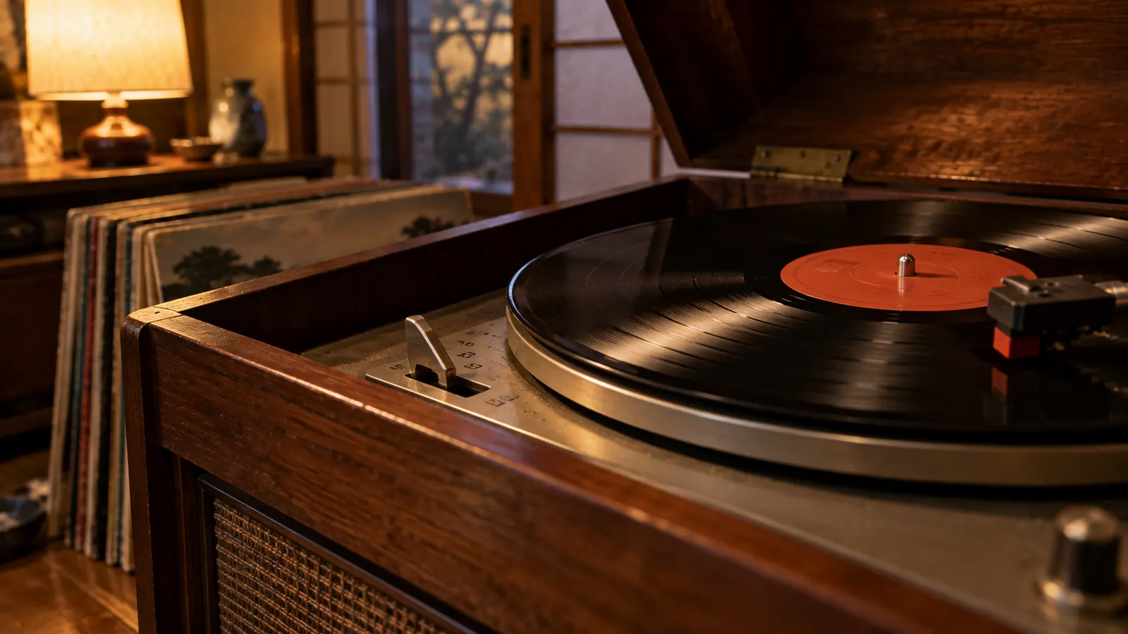 昭和20年代後半〜40年代（1952〜1970年ごろ）のレコードプレーヤーの回転数切替を思わせる横長の記憶風景