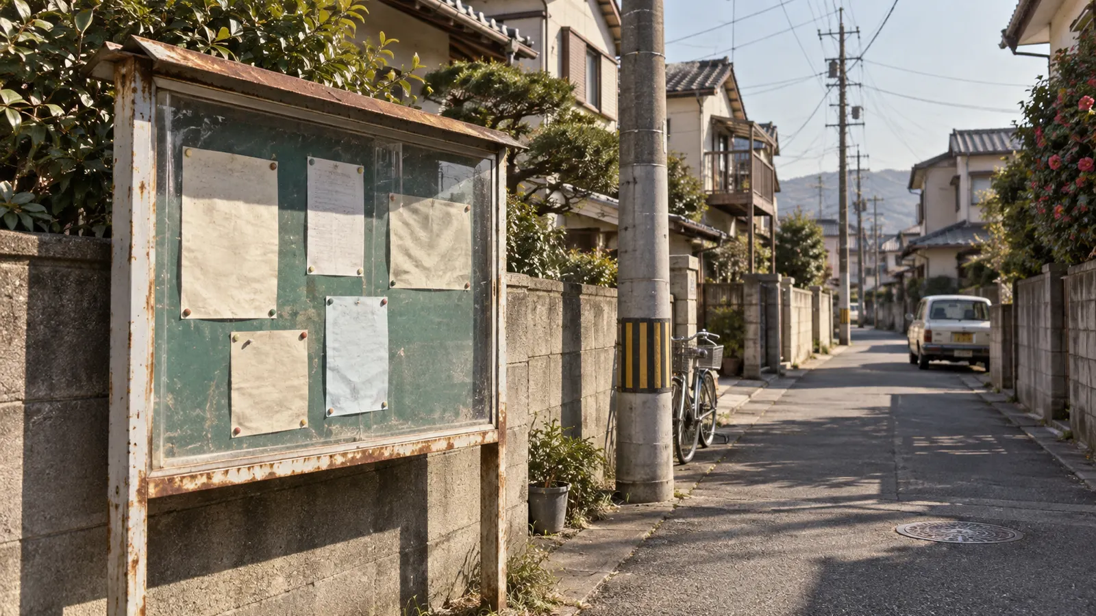 昭和50年代〜平成初期（1975〜1992年ごろ）の町内の掲示板を思わせる横長の記憶風景