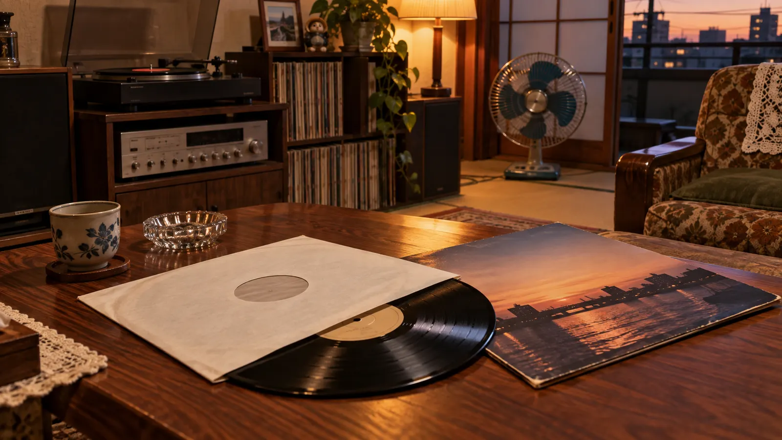 昭和50年代〜60年代（1975〜1989年ごろ）のレコードの内袋を思わせる横長の記憶風景