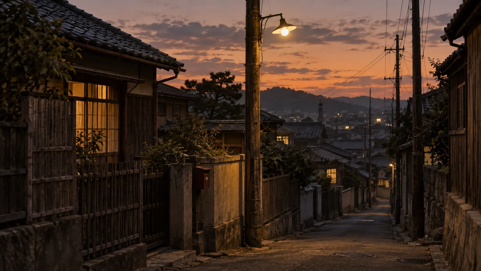 昭和20年代後半〜40年代（1952〜1970年ごろ）の夕方にともる街灯を思わせる横長の記憶風景