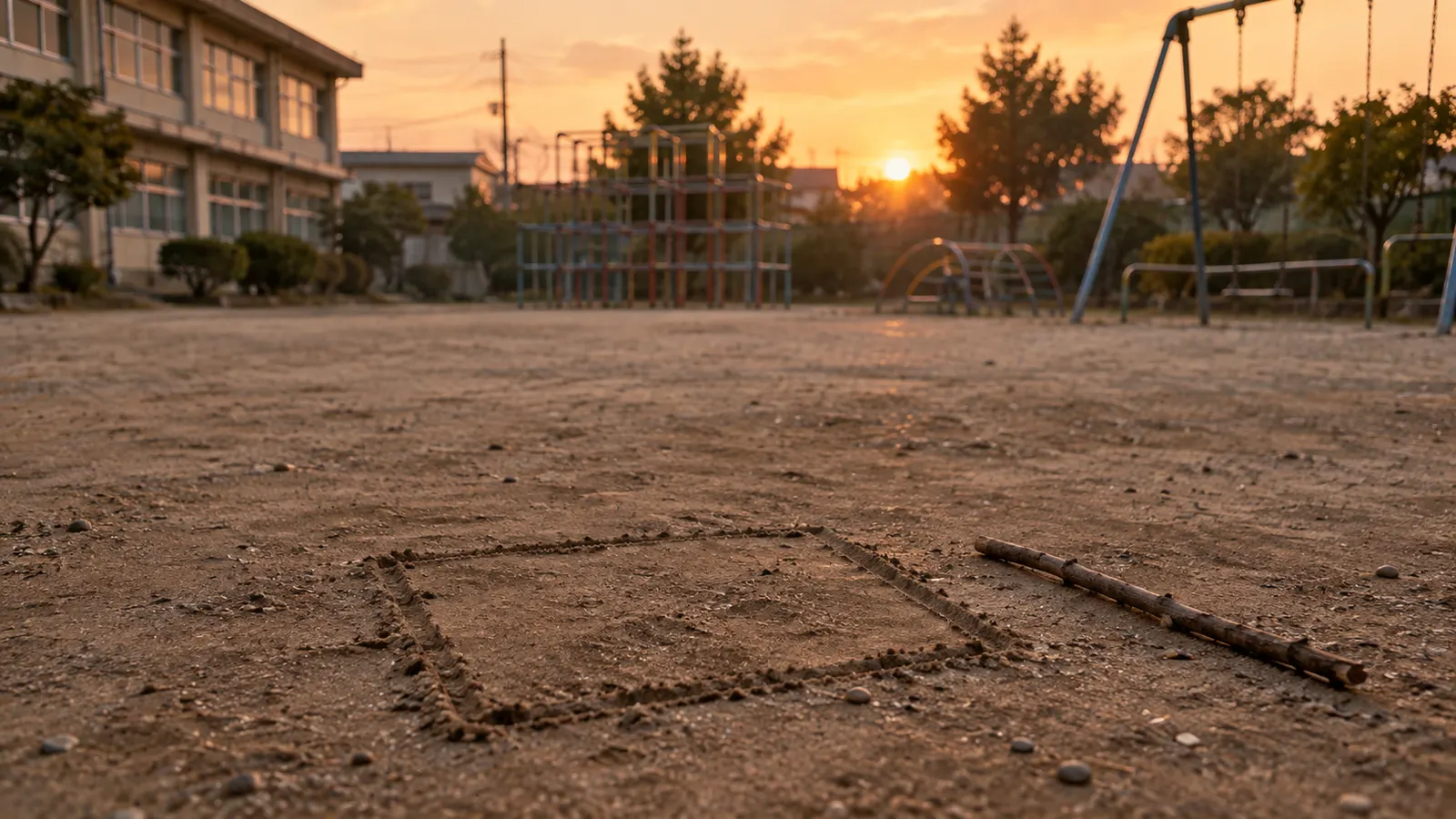 昭和50年代〜60年代（1975〜1989年ごろ）のケイドロ遊びを思わせる横長の記憶風景