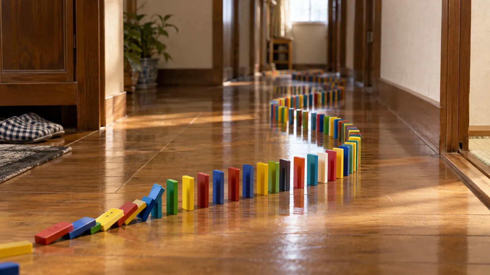 平成初期〜中期（1992〜2008年ごろ）のドミノ倒し遊びを思わせる横長の記憶風景