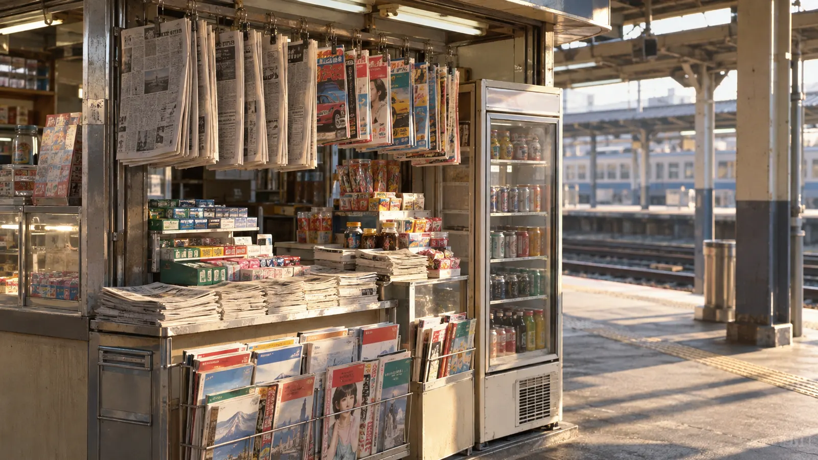 昭和50年代後半〜平成10年代（1980〜2000年ごろ）の駅の売店を思わせる横長の記憶風景