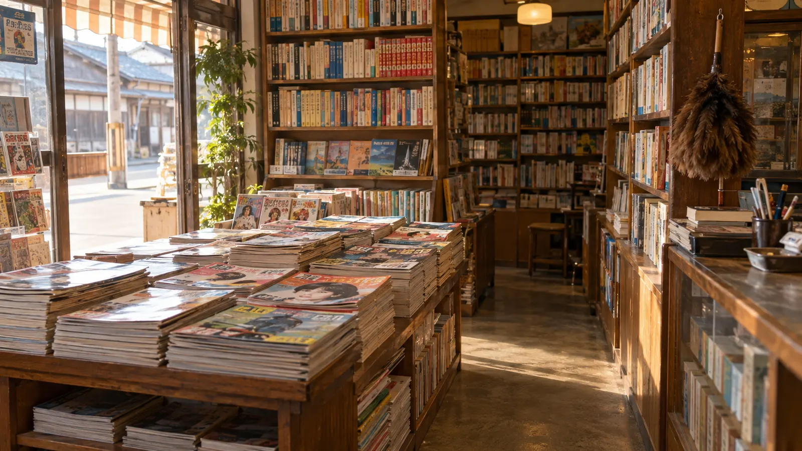 昭和50年代〜60年代（1975〜1989年ごろ）の町の本屋での立ち読みを思わせる横長の記憶風景