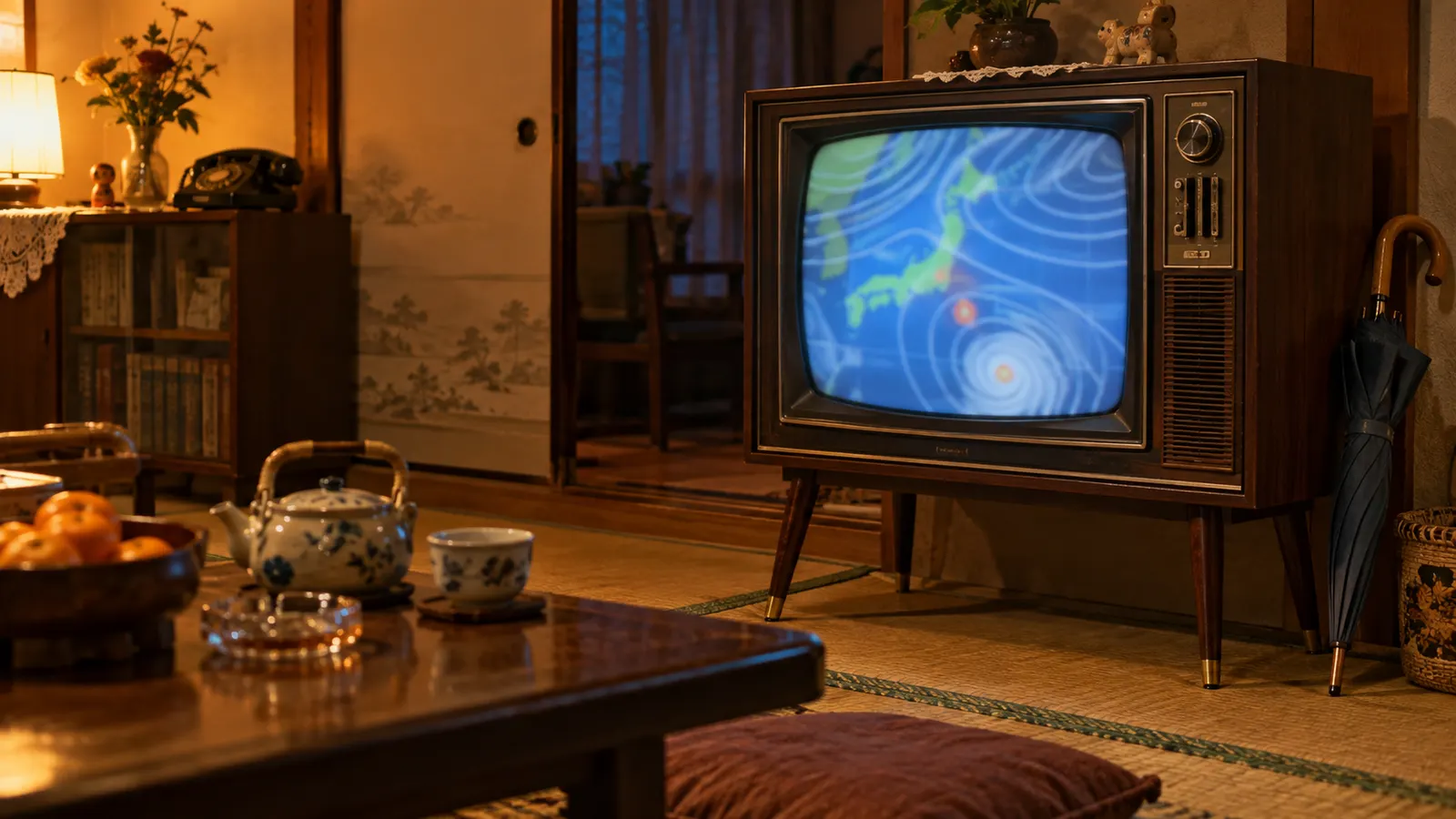 昭和50年代〜60年代（1975〜1989年ごろ）のテレビの天気予報を思わせる横長の記憶風景