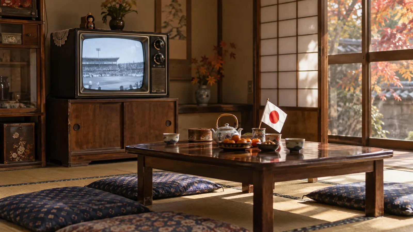 昭和30年代後半〜40年代（1962〜1970年ごろ）の東京オリンピックのテレビ中継を思わせる横長の記憶風景