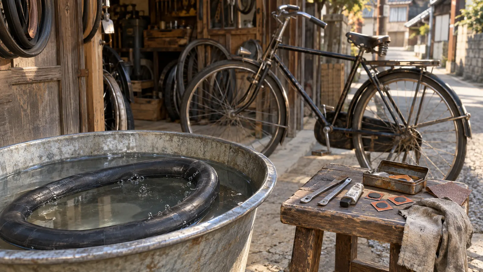 昭和20年代後半〜40年代（1952〜1970年ごろ）の自転車屋のパンク修理を思わせる横長の記憶風景