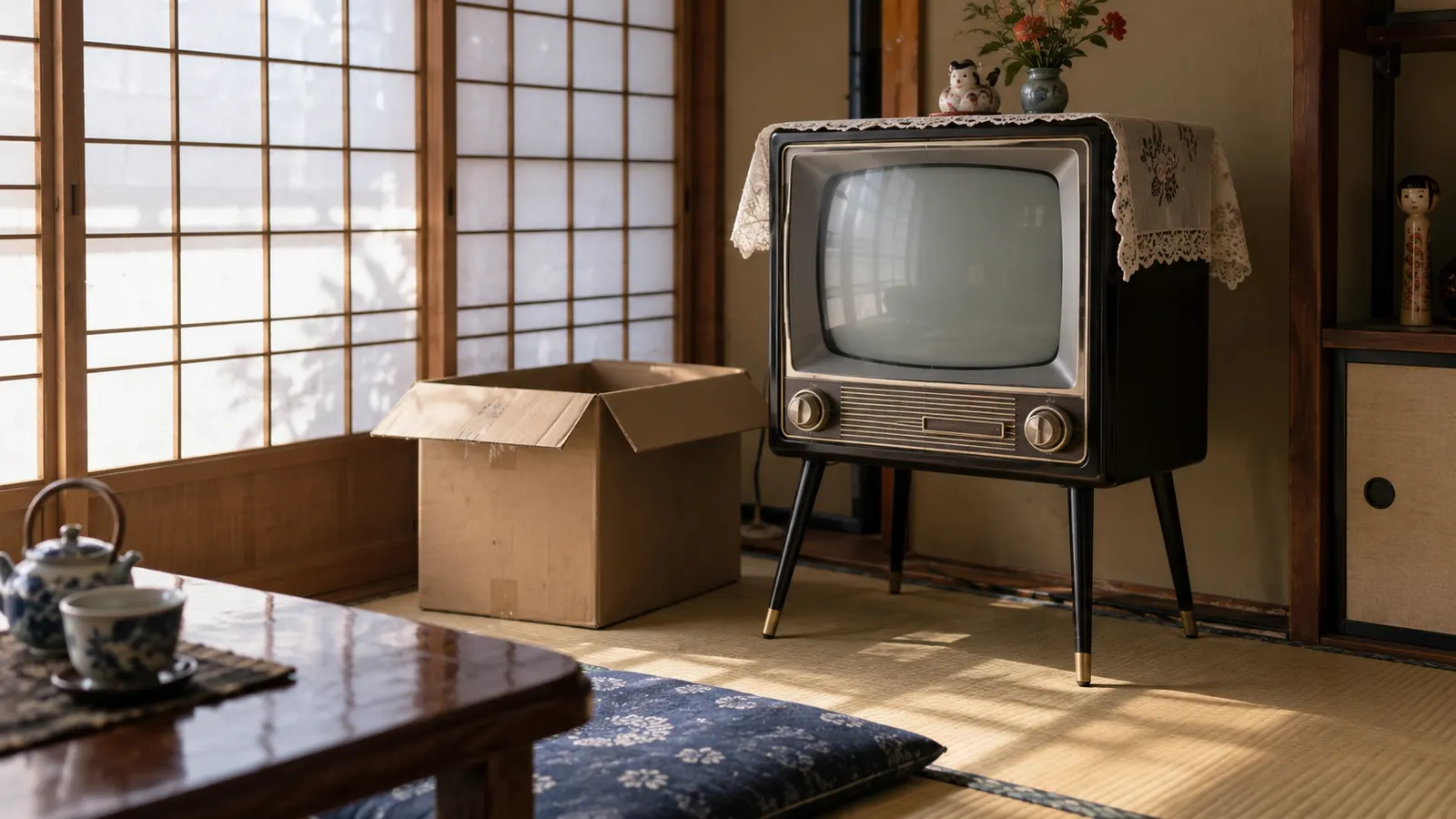 昭和20年代後半〜30年代（1953〜1965年ごろ）の白黒テレビが家に来た日を思わせる横長の記憶風景