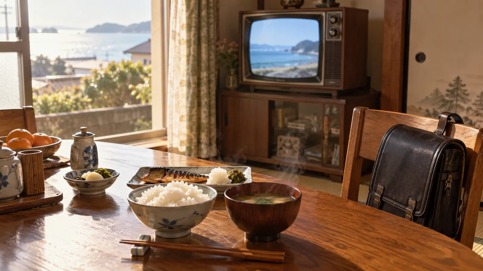 昭和50年代〜60年代（1975〜1989年ごろ）の朝の連続ドラマを思わせる横長の記憶風景