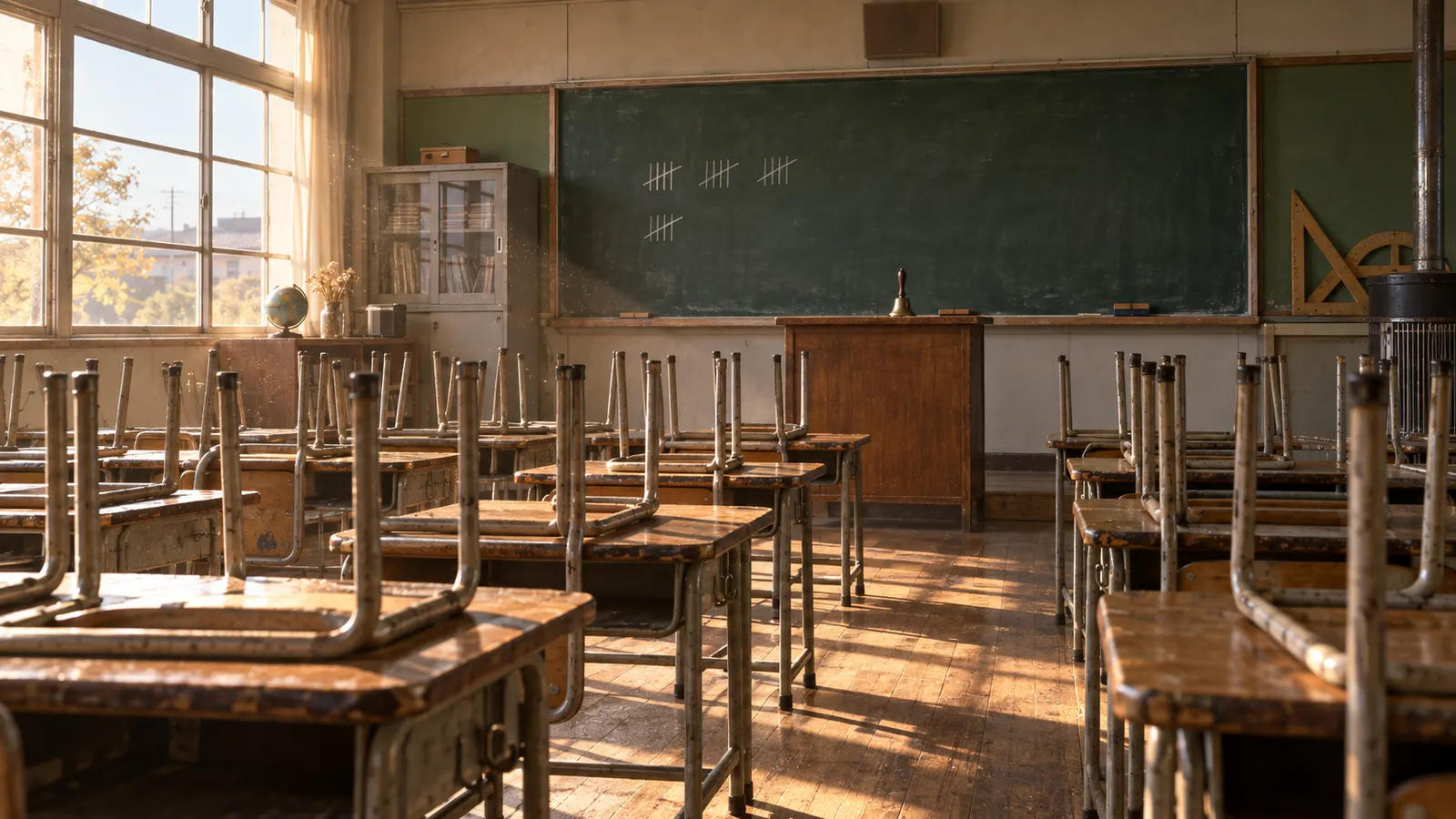 昭和50年代（1975〜1984年ごろ）の学級会の話し合いを思わせる横長の記憶風景