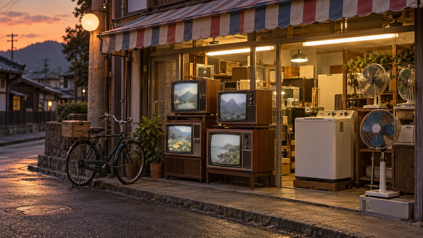昭和50年代（1975〜1984年ごろ）の町の電器屋さんを思わせる横長の記憶風景