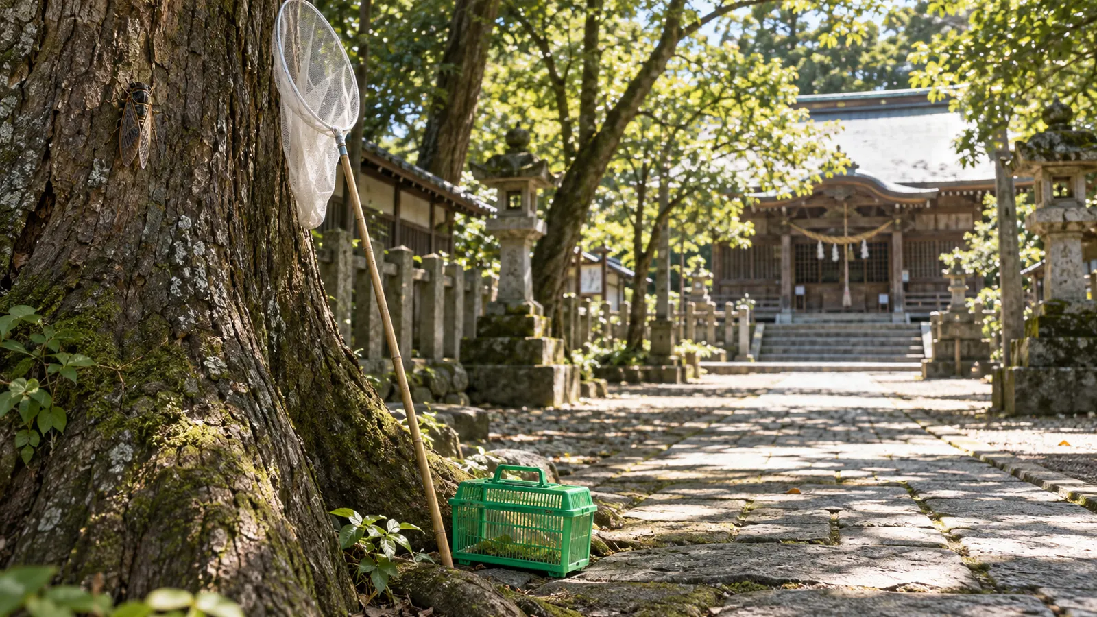 昭和40年代（1965〜1974年ごろ）の虫取り網のセミ採りを思わせる横長の記憶風景