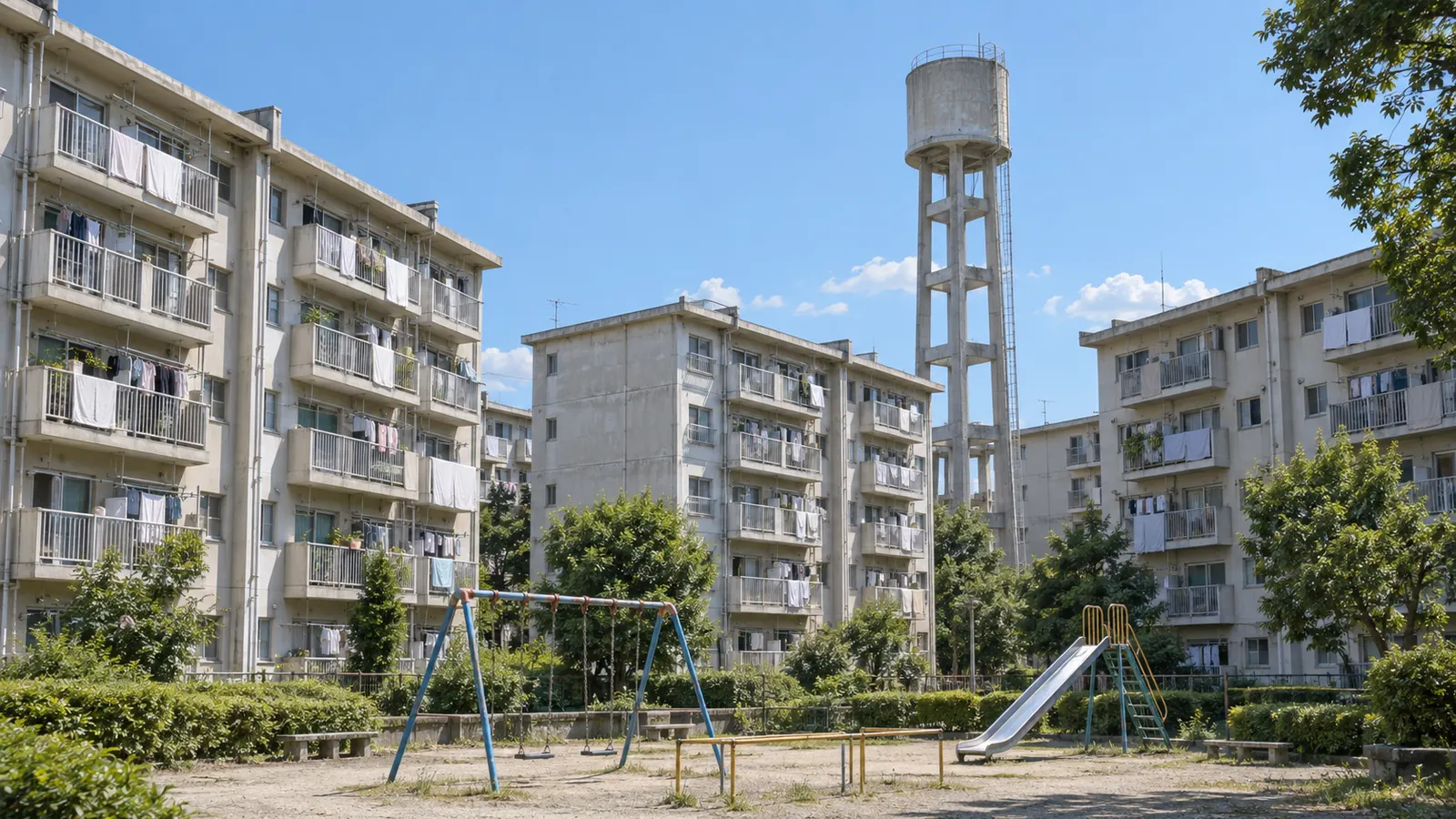 昭和40年代（1965〜1974年ごろ）の団地の給水塔を思わせる横長の記憶風景