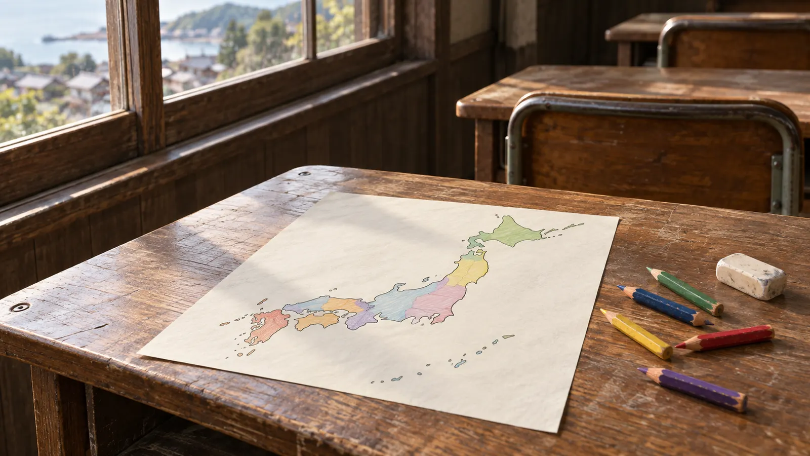 昭和中期（1955〜1964年ごろ）の色鉛筆で塗った白地図を思わせる横長の記憶風景