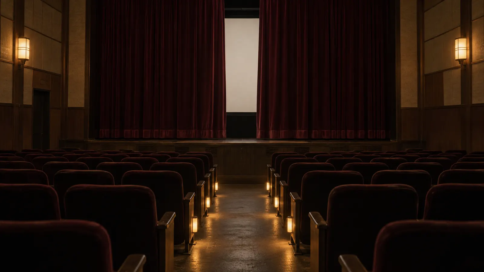昭和中期（1955〜1964年ごろ）の映画館の開演前の幕を思わせる横長の記憶風景