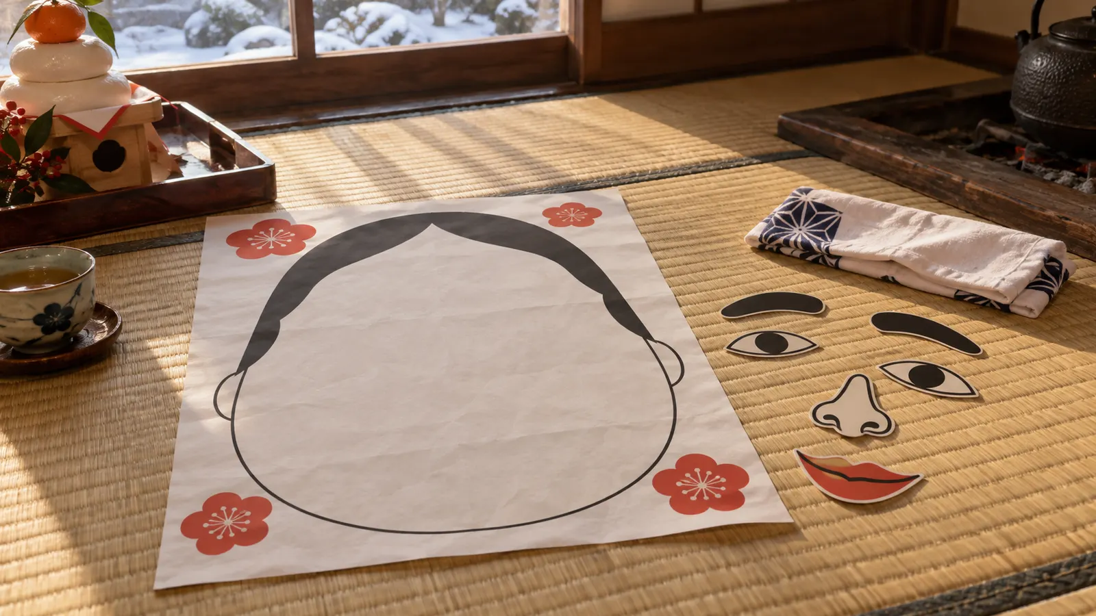 昭和中期（1955〜1964年ごろ）の正月の福笑いを思わせる横長の記憶風景