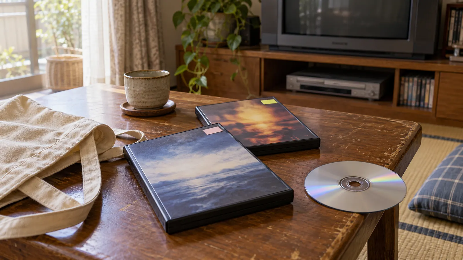 平成中期（2000〜2009年ごろ）のレンタルDVDの返却期限シールを思わせる横長の記憶風景
