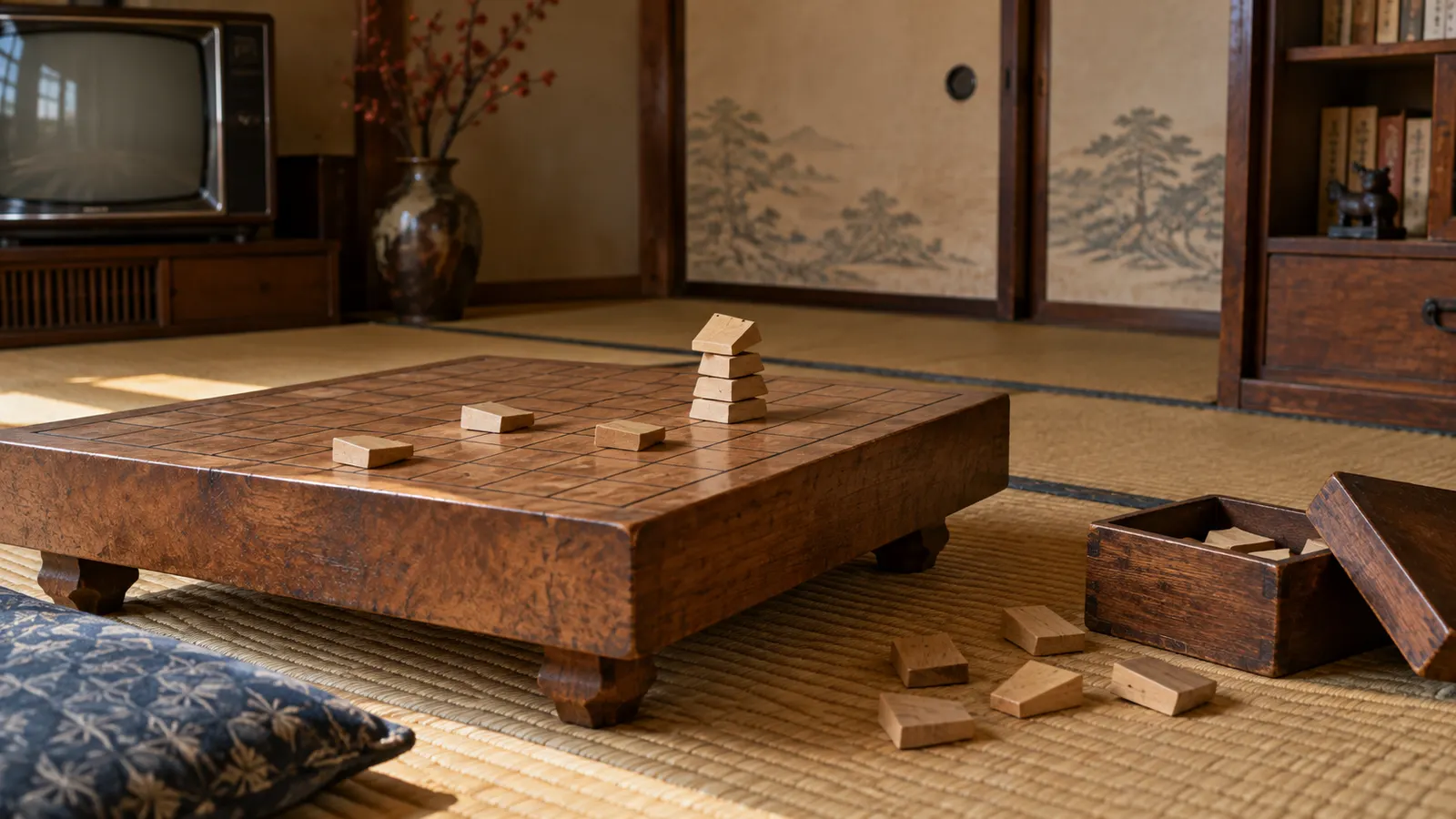 昭和後期（1975〜1984年ごろ）の将棋の駒を積む遊びを思わせる横長の記憶風景