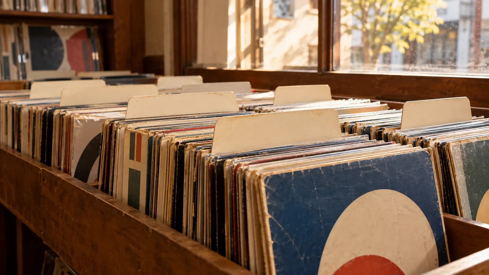 昭和中期から後期（1965〜1974年ごろ）のレコード棚の仕切り札を思わせる横長の記憶風景