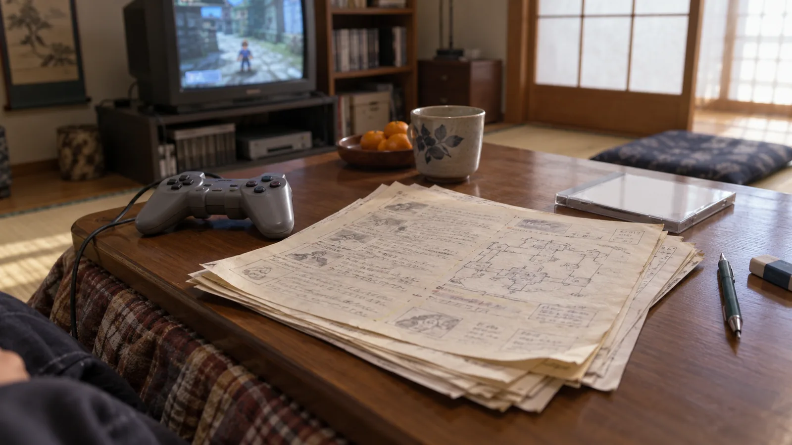 平成中期（2000〜2006年ごろ）の攻略サイトの印刷メモを横長の生活場面として描いたAI再現画像