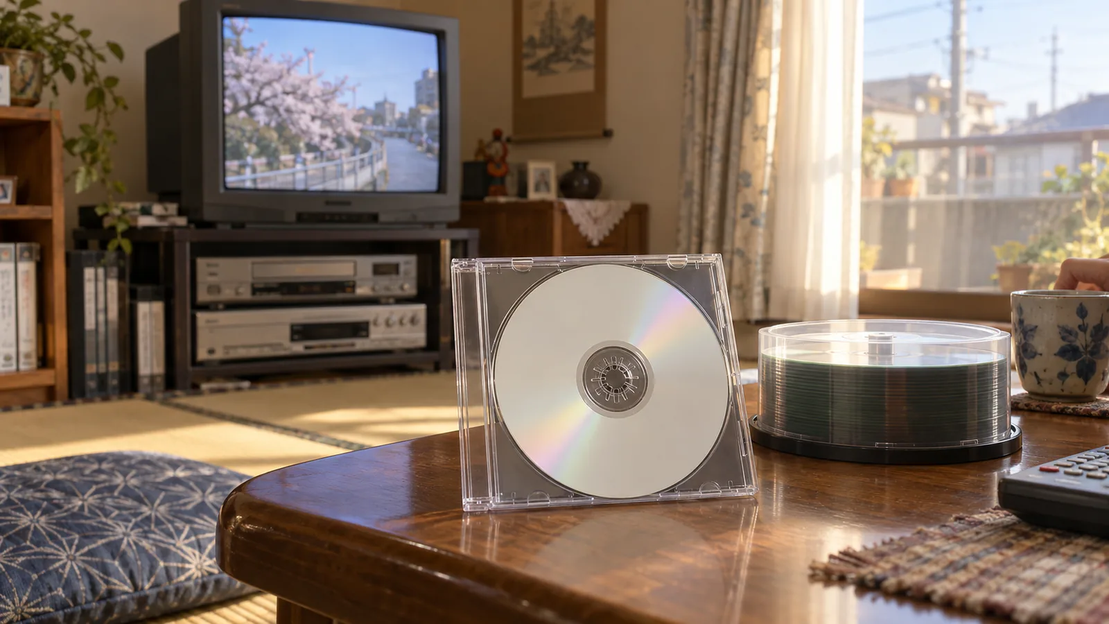 平成初期〜中期（1999〜2005年ごろ）の録画用DVD-RWを横長の生活場面として描いたAI再現画像