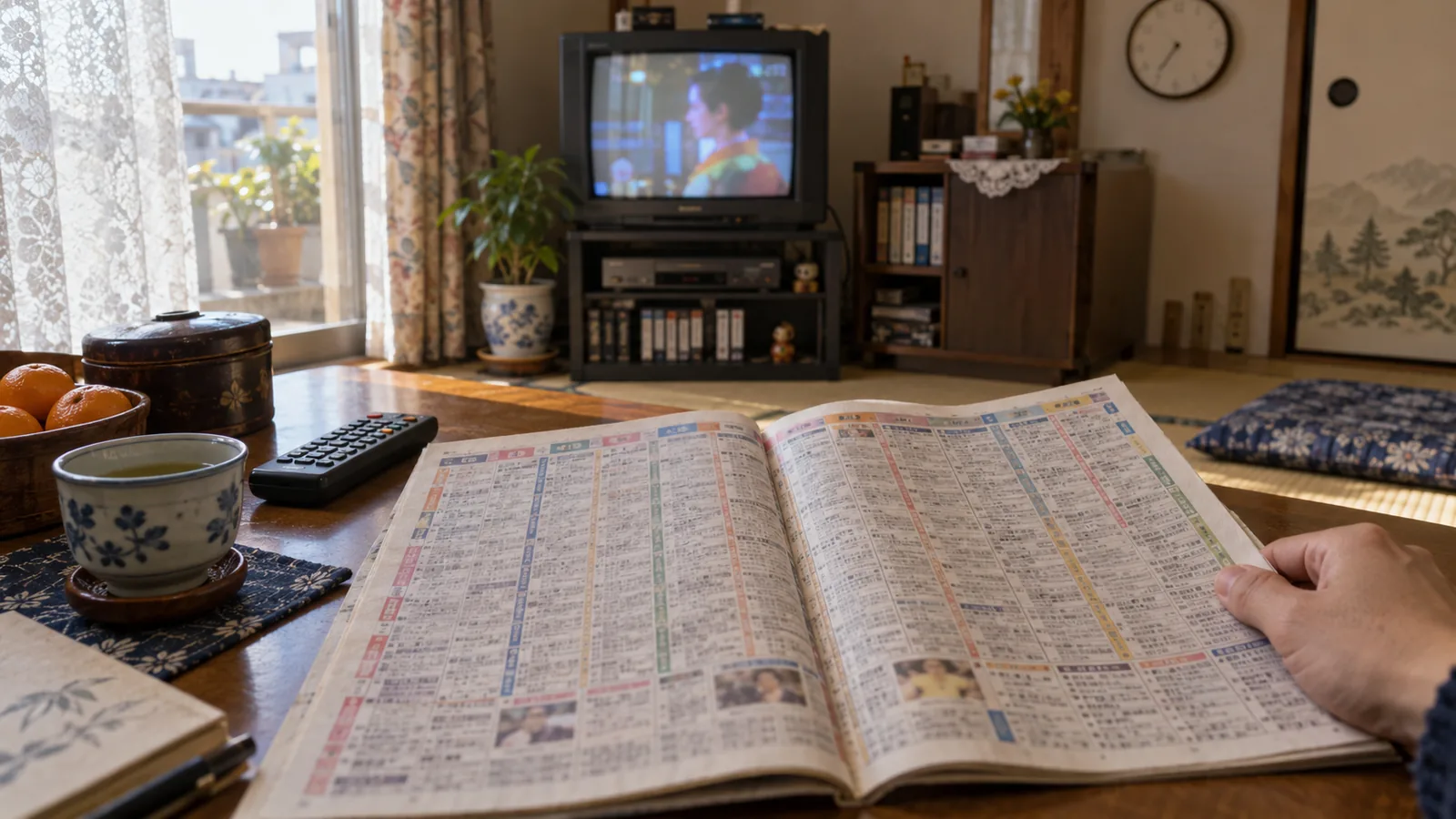 平成初期（1992〜1999年ごろ）のGコード付きテレビ番組表を横長の生活場面として描いたAI再現画像