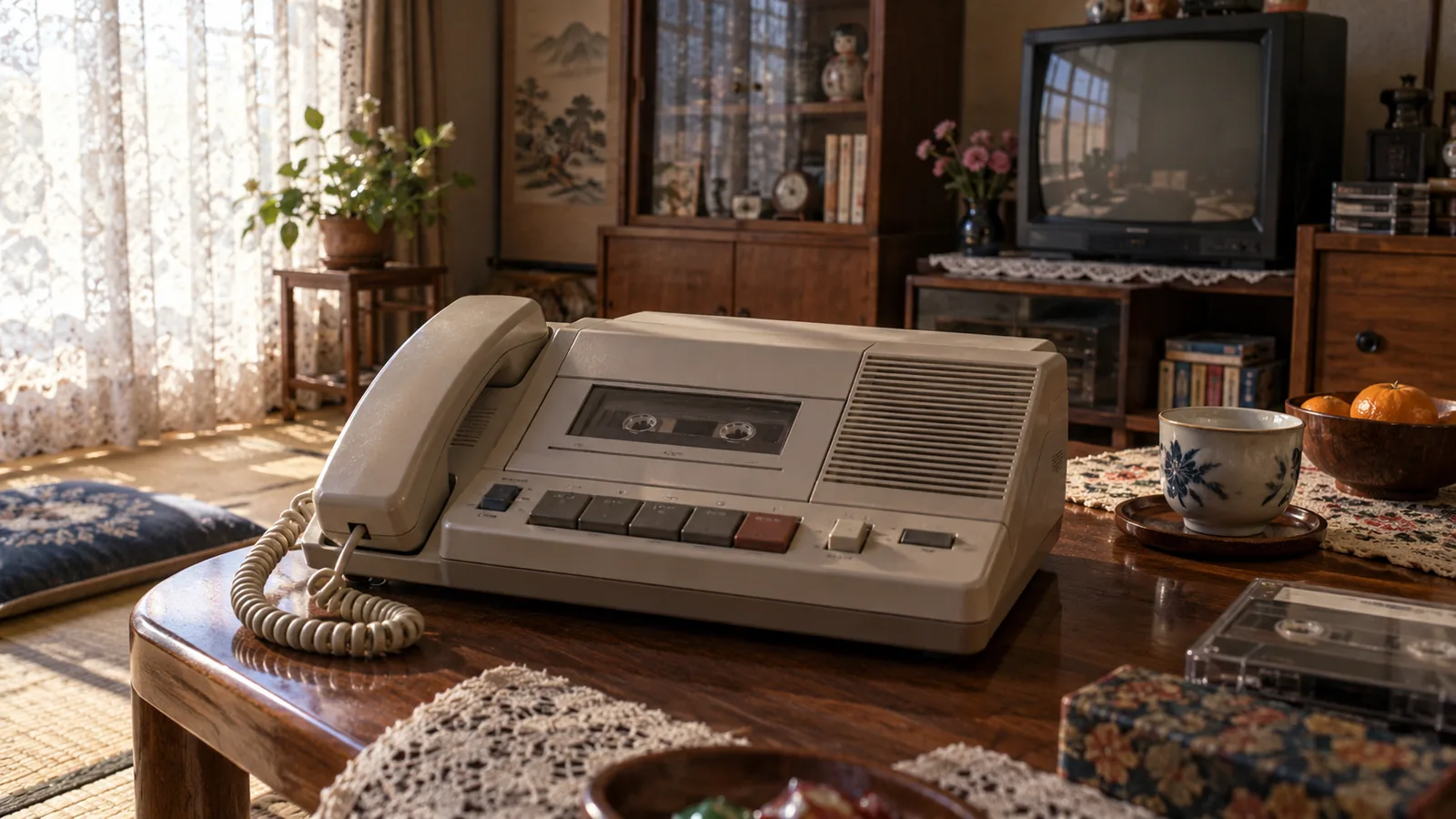 昭和50年代後半〜平成初期（1980〜1993年ごろ）の家庭用留守番電話を横長の生活場面として描いたAI再現画像