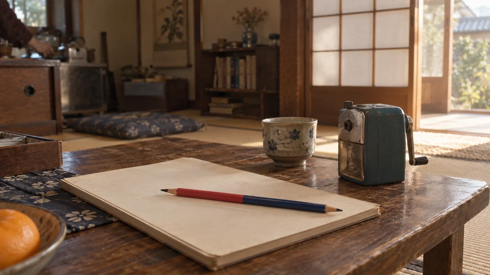 昭和50年代（1975〜1984年ごろ）の赤青鉛筆を横長の生活場面として描いたAI再現画像