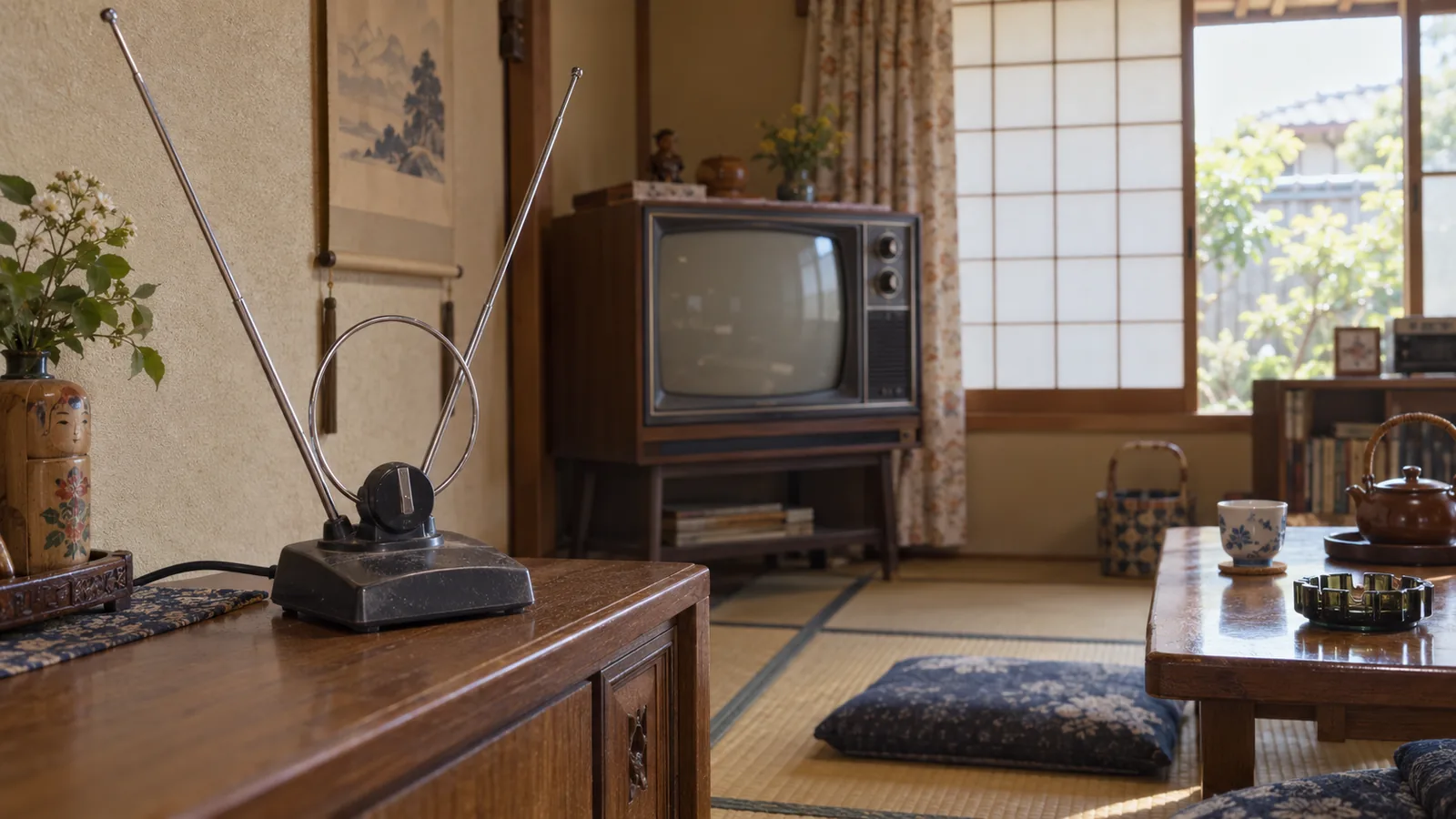 昭和50年代（1975〜1984年ごろ）のUHF室内アンテナを横長の生活場面として描いたAI再現画像
