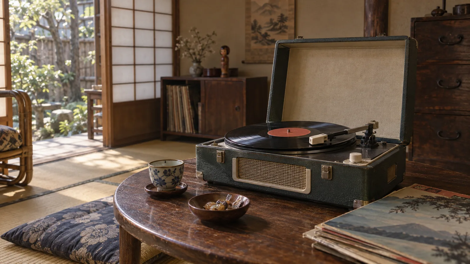 昭和40年代〜50年代初頭（1965〜1978年ごろ）のポータブルレコードプレーヤーを横長の生活場面として描いたAI再現画像