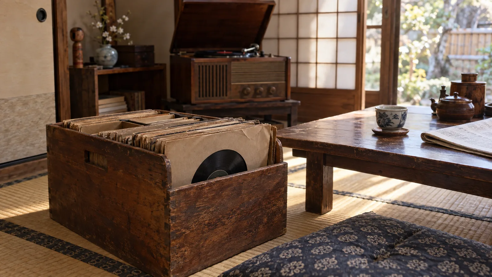 昭和30年代〜40年代初頭（1955〜1968年ごろ）のSPレコード収納箱を横長の生活場面として描いたAI再現画像
