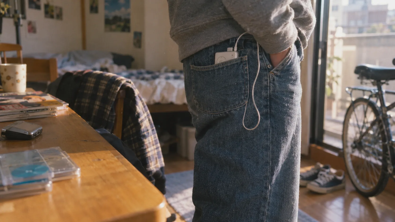 平成中期（2001〜2007年ごろ）のiPodを入れたポケットを横長の生活場面として描いたAI再現画像