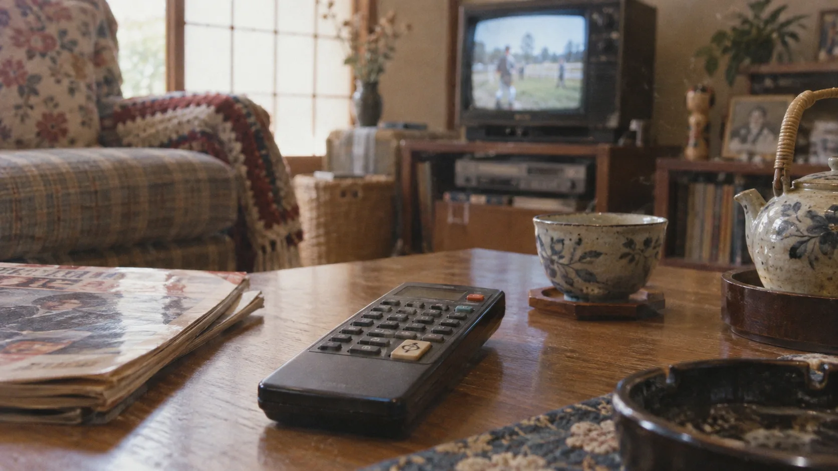昭和末期〜平成初期（1985〜1995年ごろ）のテレビリモコンの二か国語ボタンを横長の生活場面として描いたAI再現画像