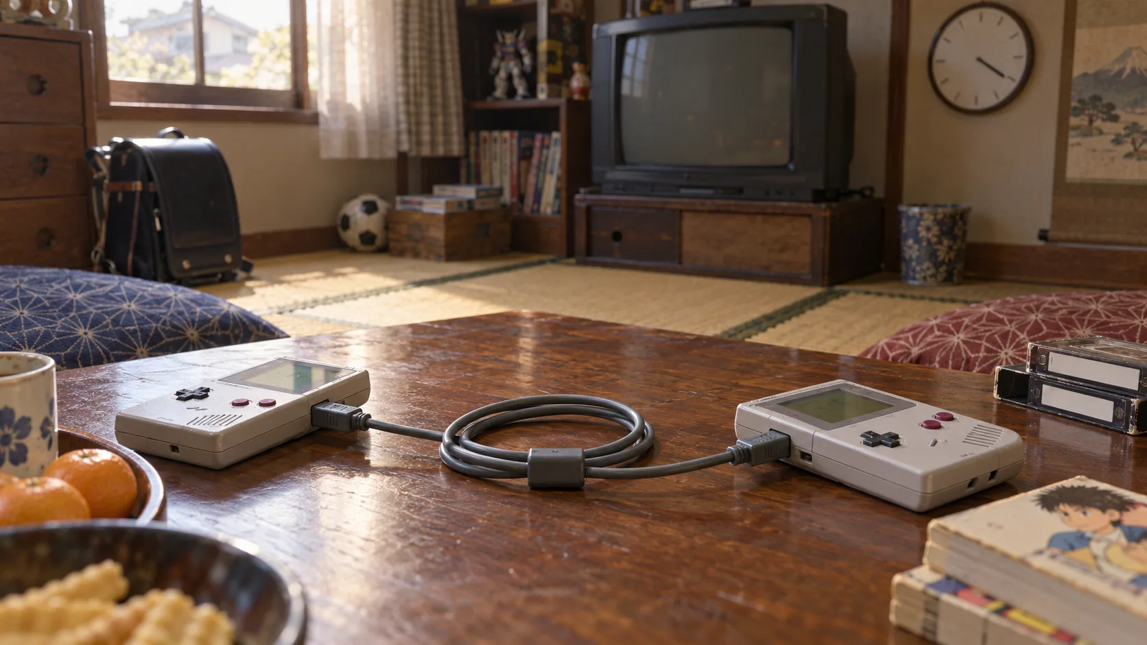 平成初期（1989〜1998年ごろ）のゲームボーイ通信ケーブルを横長の生活場面として描いたAI再現画像