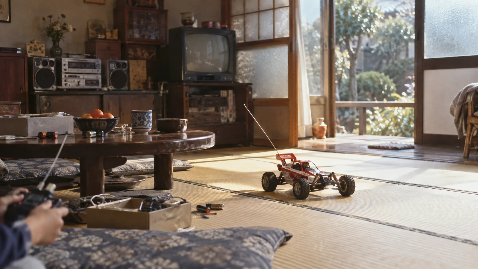 昭和50年代後半〜60年代初頭（1980〜1988年ごろ）のラジコンカーを横長の生活場面として描いたAI再現画像