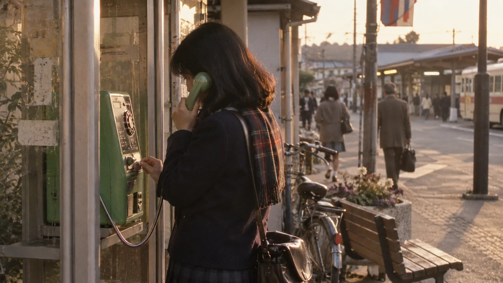 昭和50年代後半〜平成初期（1982〜1993年ごろ）のテレホンカードと公衆電話を横長の生活場面として描いたAI再現画像