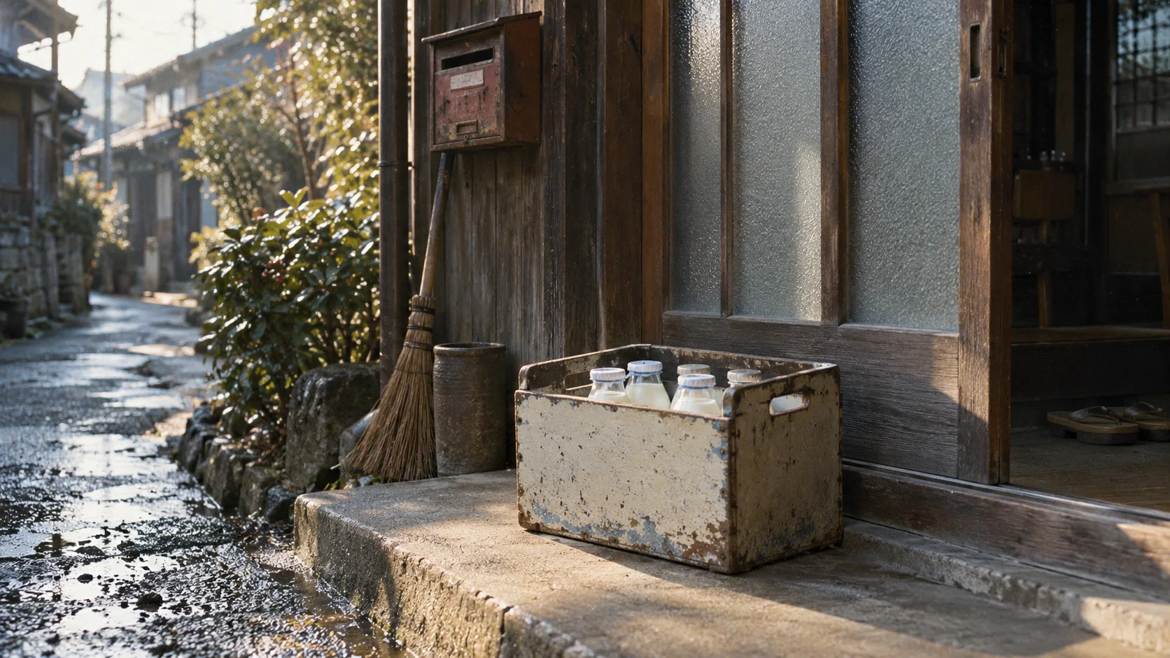 昭和40年代〜50年代（1965〜1979年ごろ）の牛乳配達箱を横長の生活場面として描いたAI再現画像