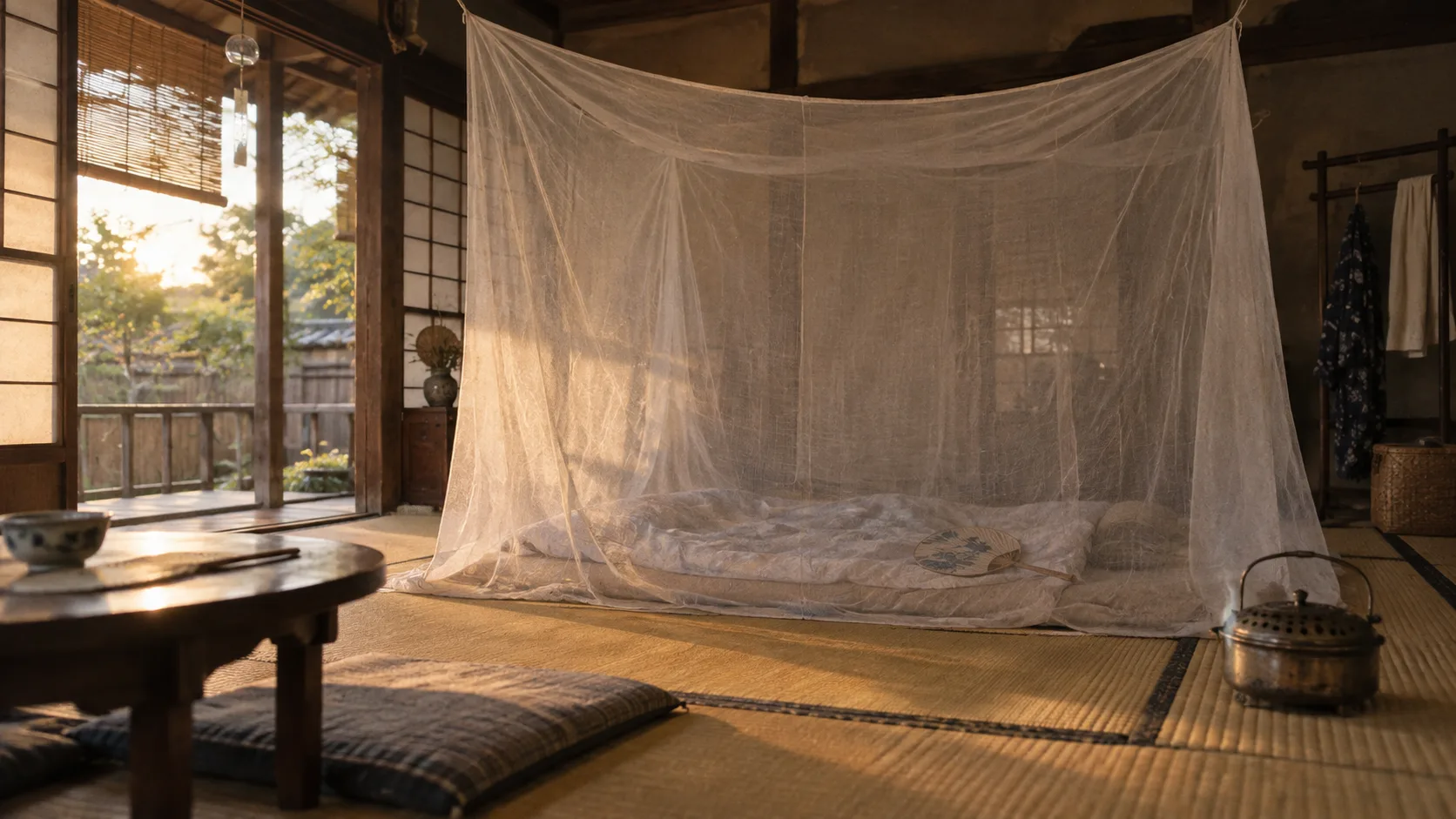 昭和30年代〜40年代（1955〜1974年ごろ）の蚊帳を横長の生活場面として描いたAI再現画像