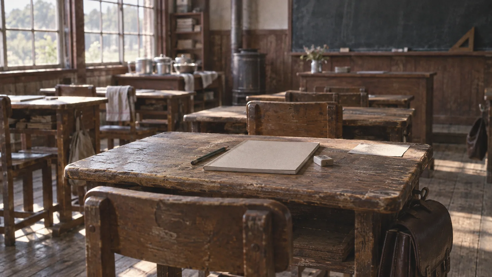 昭和30年代〜40年代（1955〜1974年ごろ）の木の学校机を横長の生活場面として描いたAI再現画像